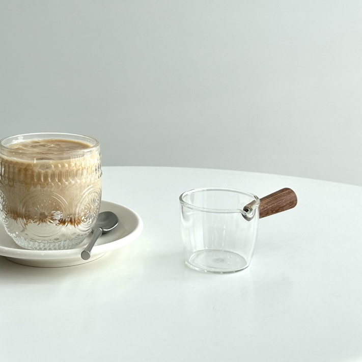 [에스프레소 샷 컵] 우드 나무 손잡이 눈금 샷잔 유리컵 홈카페 커피